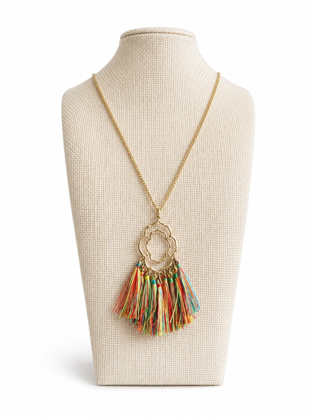 Clover Gold Tone Rainbow Tassel Necklace Boho Statement Fringe Pendant